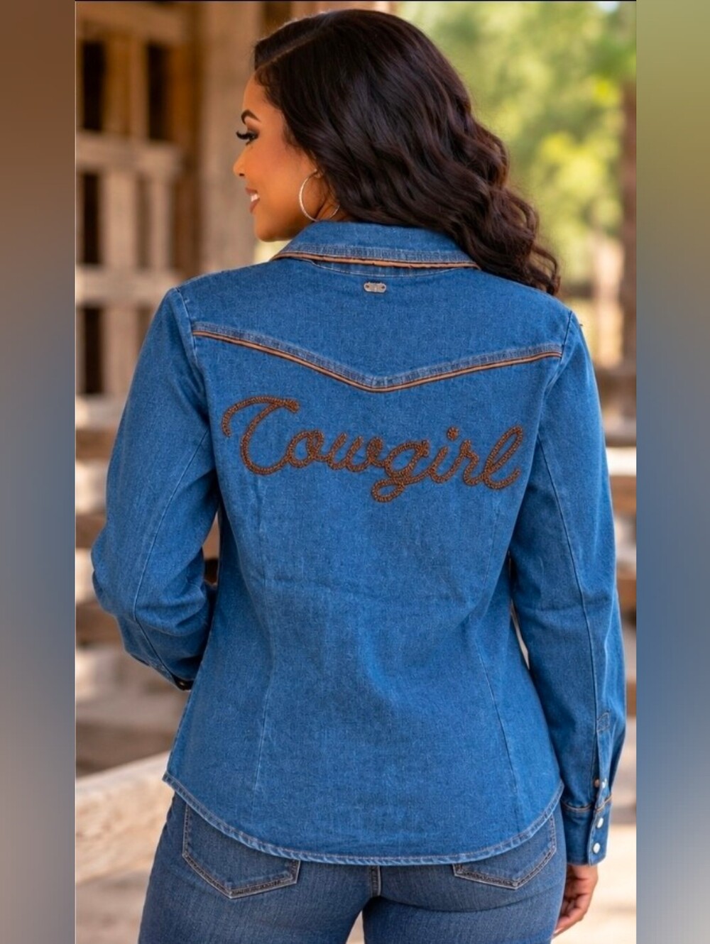 NEW!! Lucky & Blessed Blue Denim Shacket with Brown 'Cowgirl' Embroidery, NWT